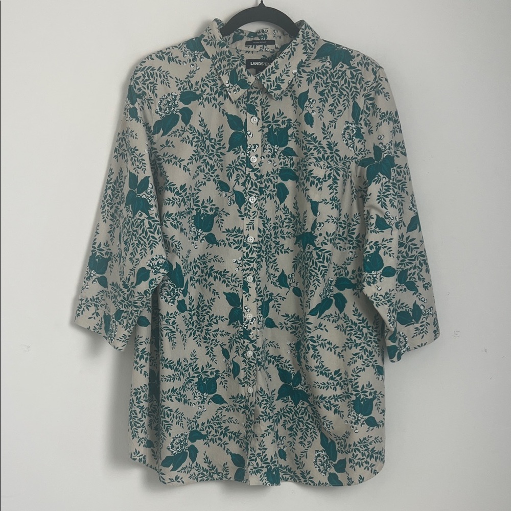 Lands End Women's 20W No Iron Supima Cotton Teal Botanical‎ Floral Print Blouse